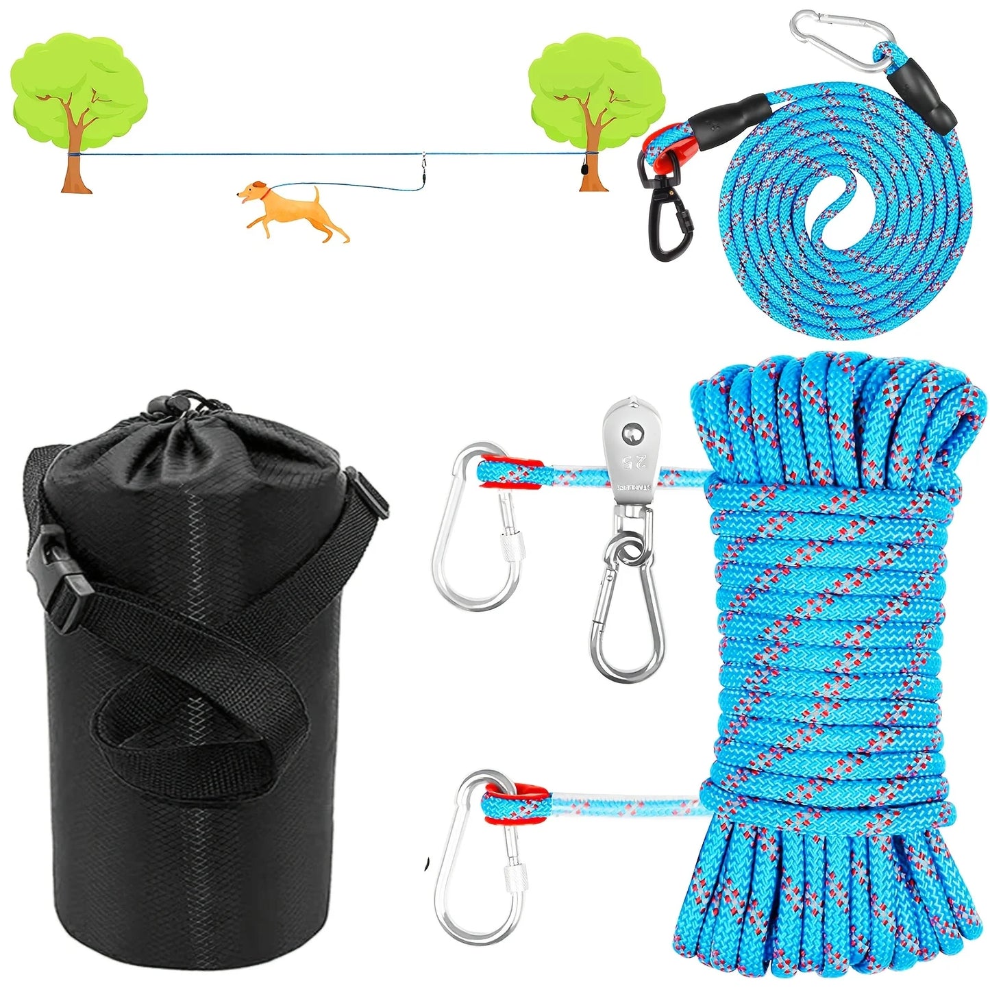 Portable Dog Trolley System For Camping - 75ft Heavy Duty Overhead Runner With Reflective Cable For Dogs Up To 200lbs - Easy Setup For Yard, Park, Hiking & Outdoor Adventures