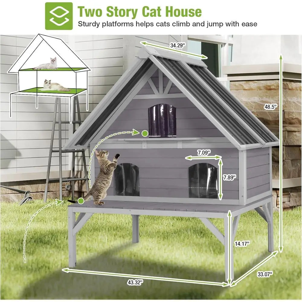 Outdoor Cat House Weatherproo eral Cat Shelter or Multiple Cats, 2-SIndependent Design with Ese-riendly Doand Spacious Porch
