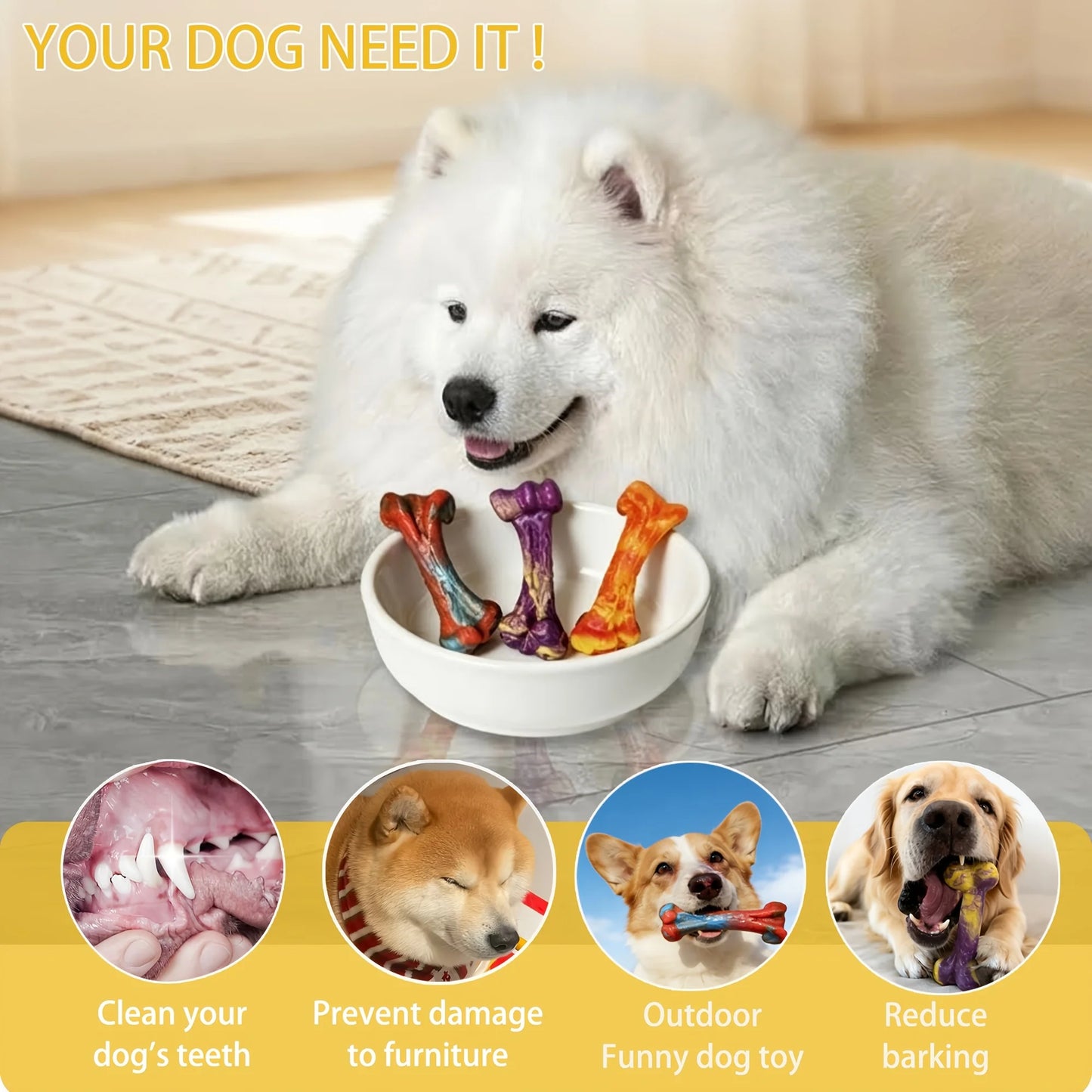 3 Pack Indestructible Dog Chew Toys for Aggressive Chewers, Tough Heavy Duty Bone Toys for Large Medium Dogs, Durable Puppy Teething Toys for Boredom, Long Lasting Dental Care Pet Toys, Purple/Red/Orange Set