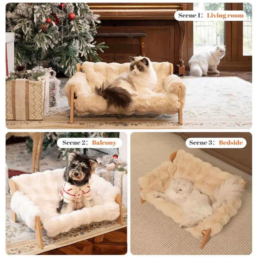 Elevated Wooden Cat Couch Bed For Indoor Cats With Removable Washable Cover