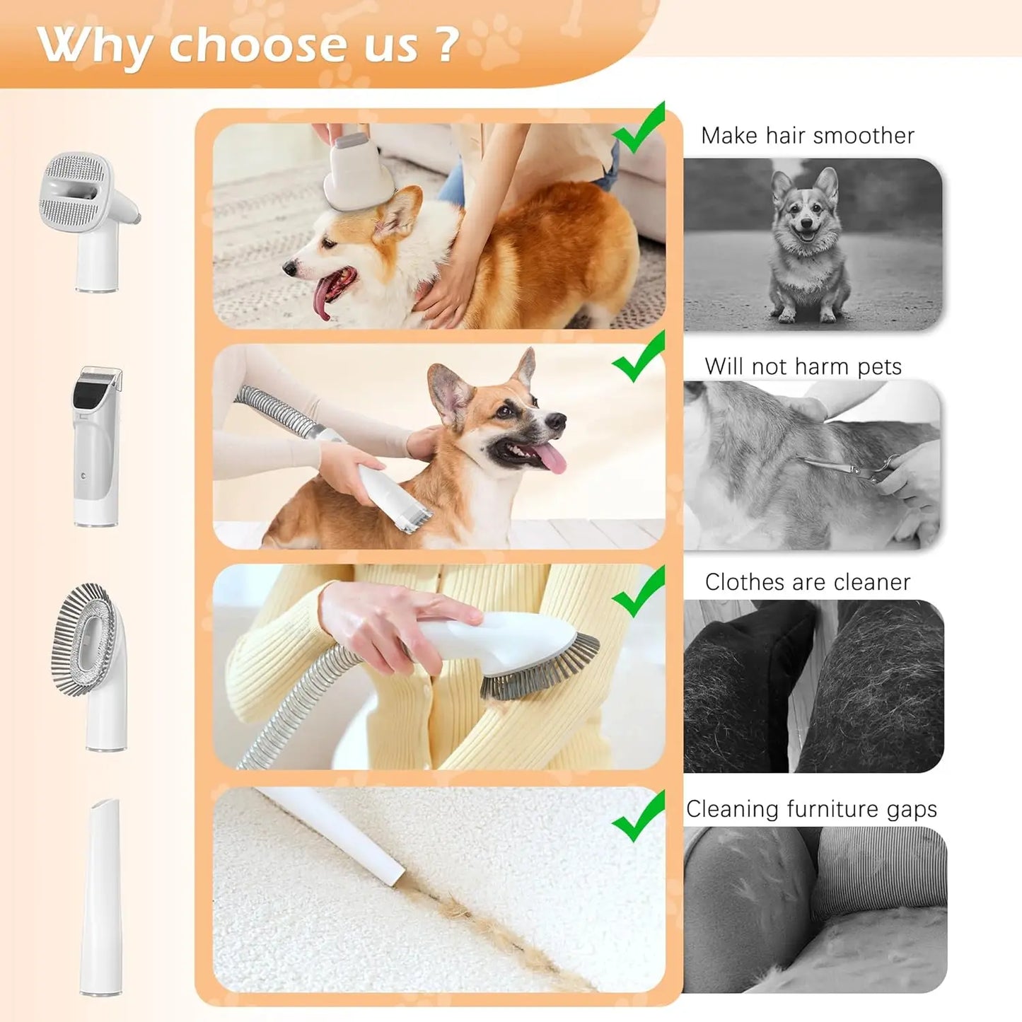 Pet Grooming Vacuum Kit with 2.3L Dust Cup, Low Noise, 5 Tools for Dog Cat Hair Shedding
