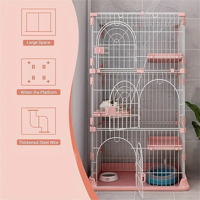 64-Inch 4-Tier Wire Cat Playpen, Spacious Catios for 1-3 Cats, Pink Cat Crate Featuring 3 Platforms, 3 Front Doors, And 2 Ramp Ladders
