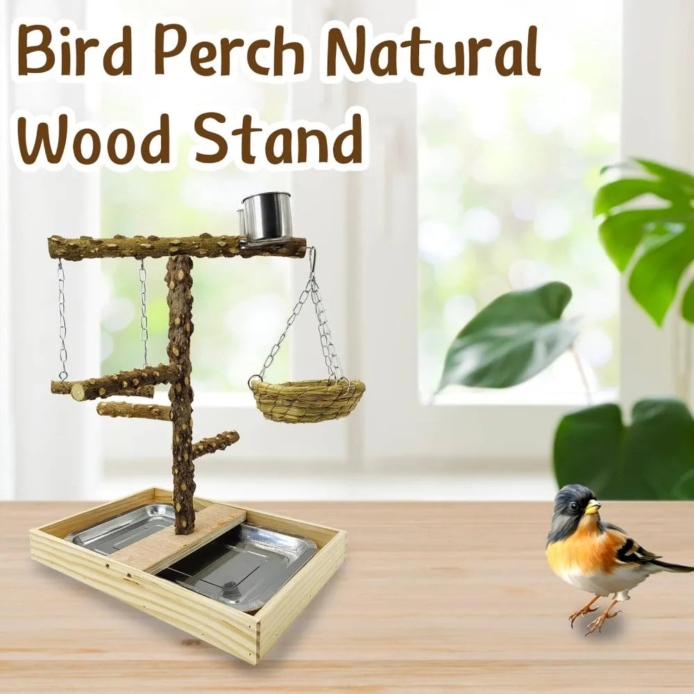 NBVCX Natural Wood Bird Perch Stand With Nest And Cups