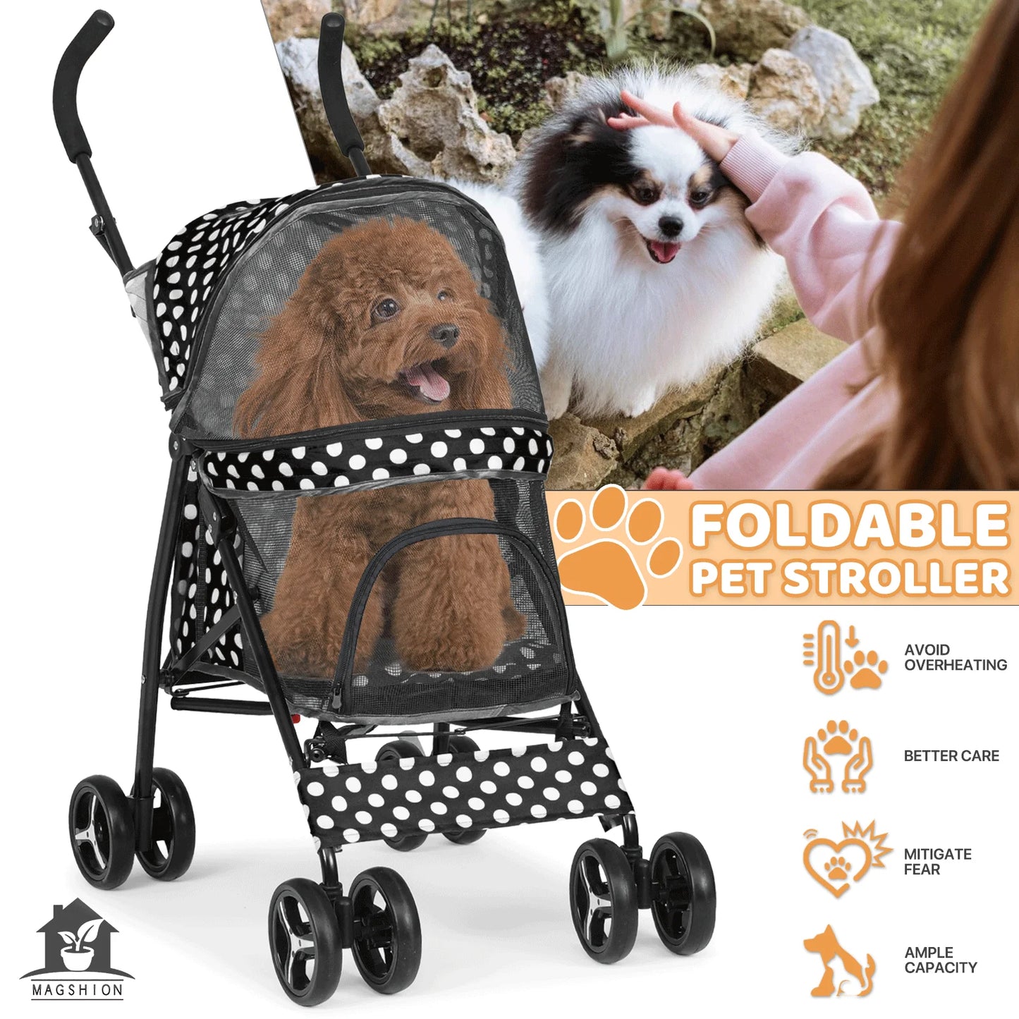 Magshion 4 Wheels Pet Dog Cat Stroller for Small Medium Dogs Cats, Foldable Jogger Stroller w/Storage Basket and Cup Holder