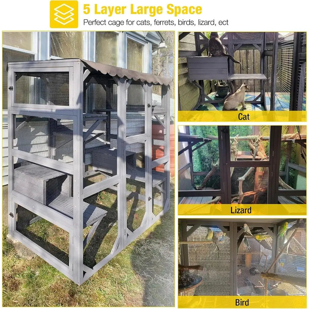 5-Level Walk-in Cat House | Outdoor Enclosure with Window, Reinforced, Waterproof Cover, Multiple Climbing Platforms