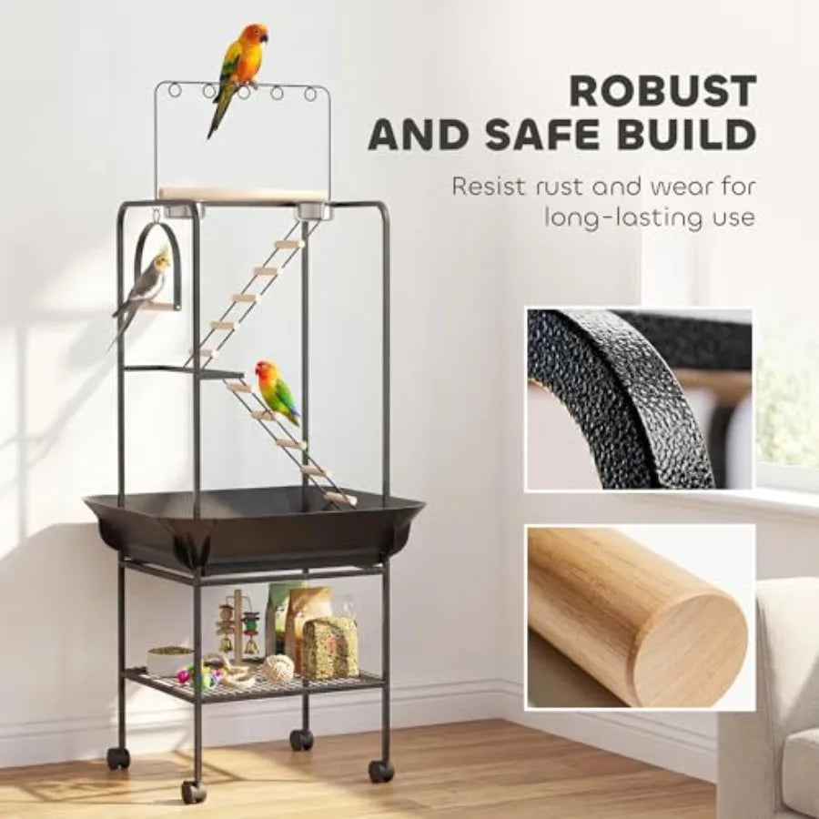 Rolling Bird Stand Parrot Playstand With Seed Guard Wheels