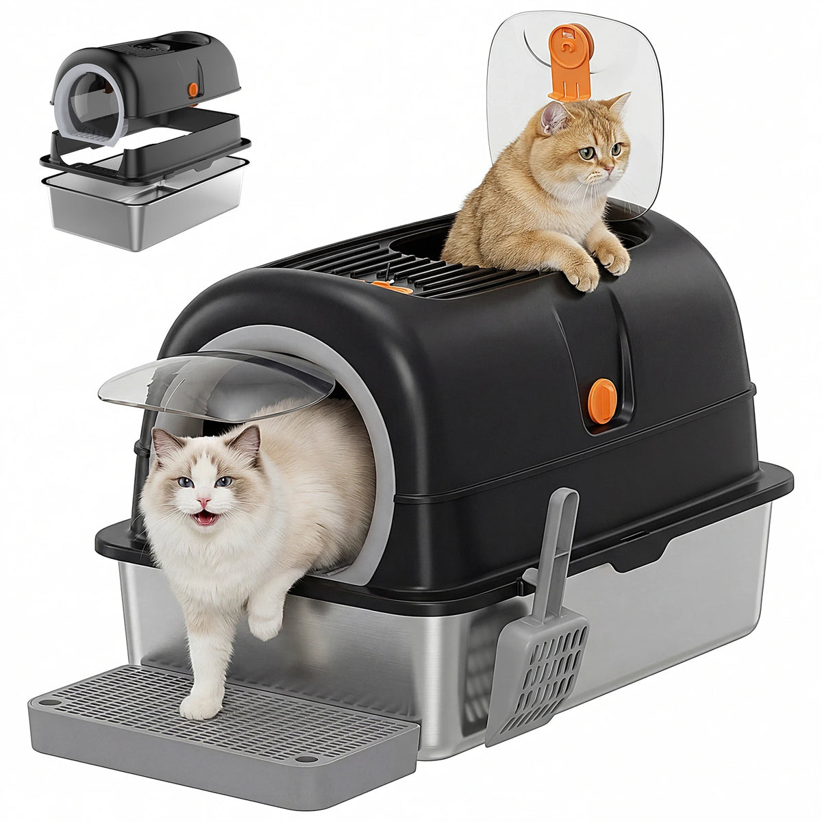 Enclosed Stainless Steel Cat Litter Box With Scoop And Mat