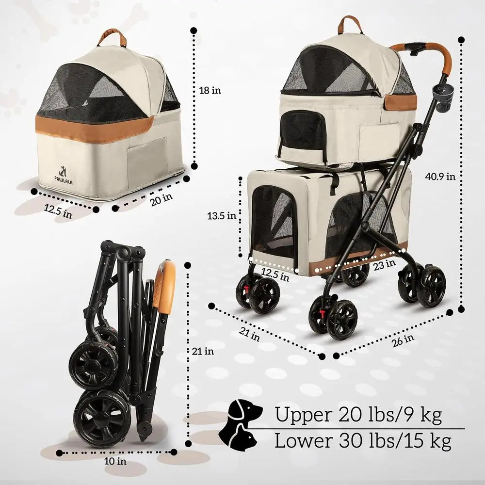 Ticify Double Pet Stroller With Detachable Carriers For Two Pets