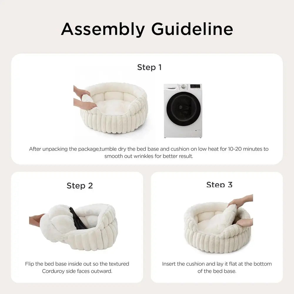 Washable Round Cute Pet Beds Indoor Cats, Super Soft Corduroy Kitten Bed with Anti-Slip Bottom, 20''x20''x8'', Cream
