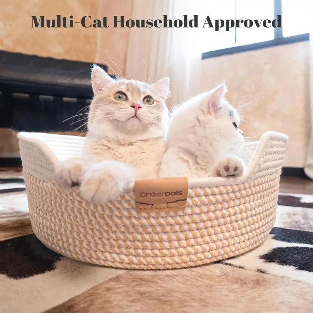 Cat Bed Basket with Cushion, Cotton Rope Woven Pet Bed, Indoor Cats Couch, Stimulicat Handwoven Breathable, All Season (White)