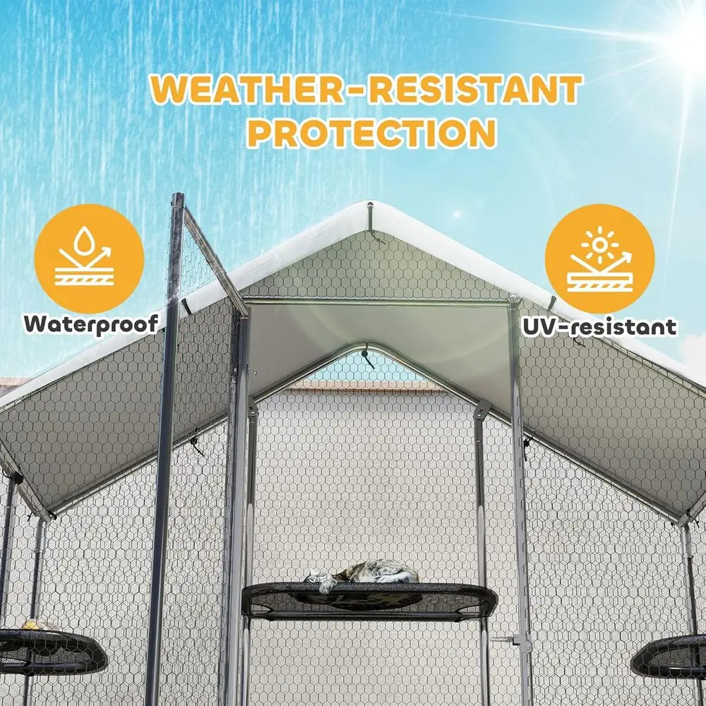 Large Catio Outdoor Cat Enclosure Chicken Coop Pointed Roo | Galvanized Steel Walk-in Cat Patio, Outdoor Kitty Cage, Waterproof