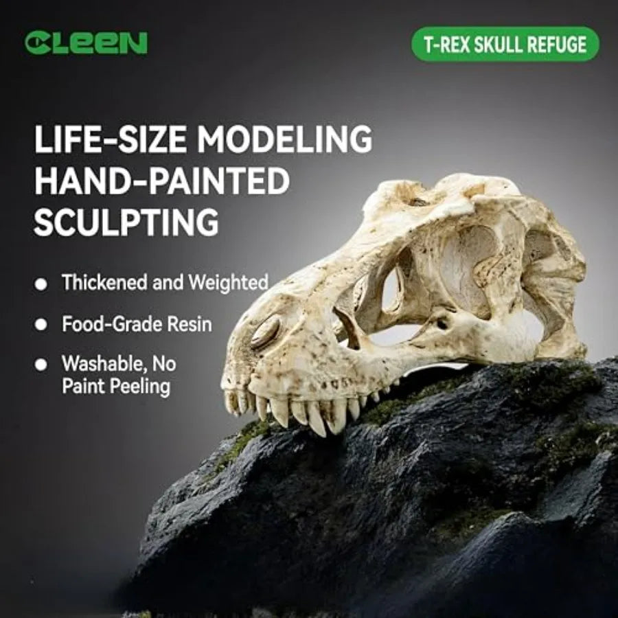 CLEEN T-Rex Skull Reptile Hide - Dinosaur Bone Terrarium Decor for Lizards Snakes Bearded Dragon, Realistic Fossil Cave Aquariu