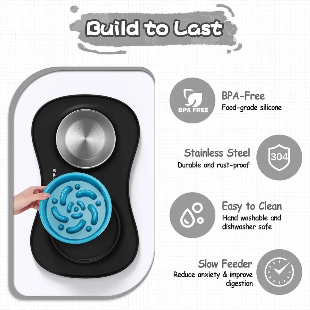 3 in 1 Slow Feeder Dog Bowls & Stainless Steel Water Bowl with Non-Spill Silicone Mat, Cat and Puppy Bowls Pet Dishes for Small