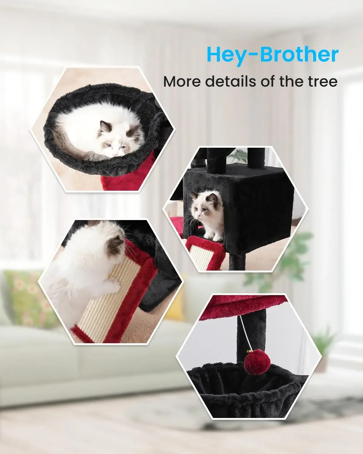 Cat Tree for Indoor Cats, Large Padded Bed, Cozy Condo, Hammocks, Scratching Posts, Black and Red