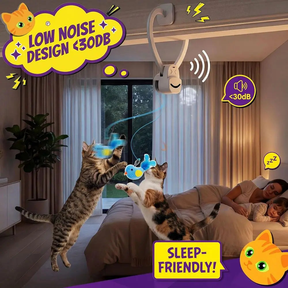 Interactive Cat Toys Indoor Cats: Automatic Lying Bird Wand Chase Exercise Enrichment Stimulation, USB Rechargeable Durable Safe