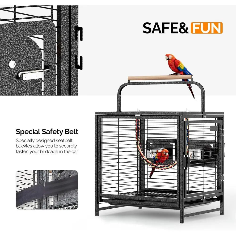 19 inch Travel Carrier Bird Cage with Handle, Wrought Iron ParaCage, Wooden Perch for Small/Medium Birds (Hammertone Black)