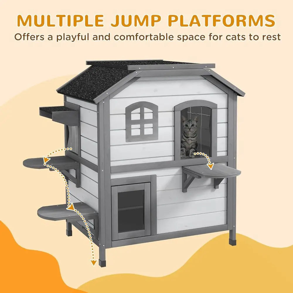Outdoor Wooden Cat Enclosure for Multiple Cats with Easy Door, Openable Roof, Jumping Platforms, White