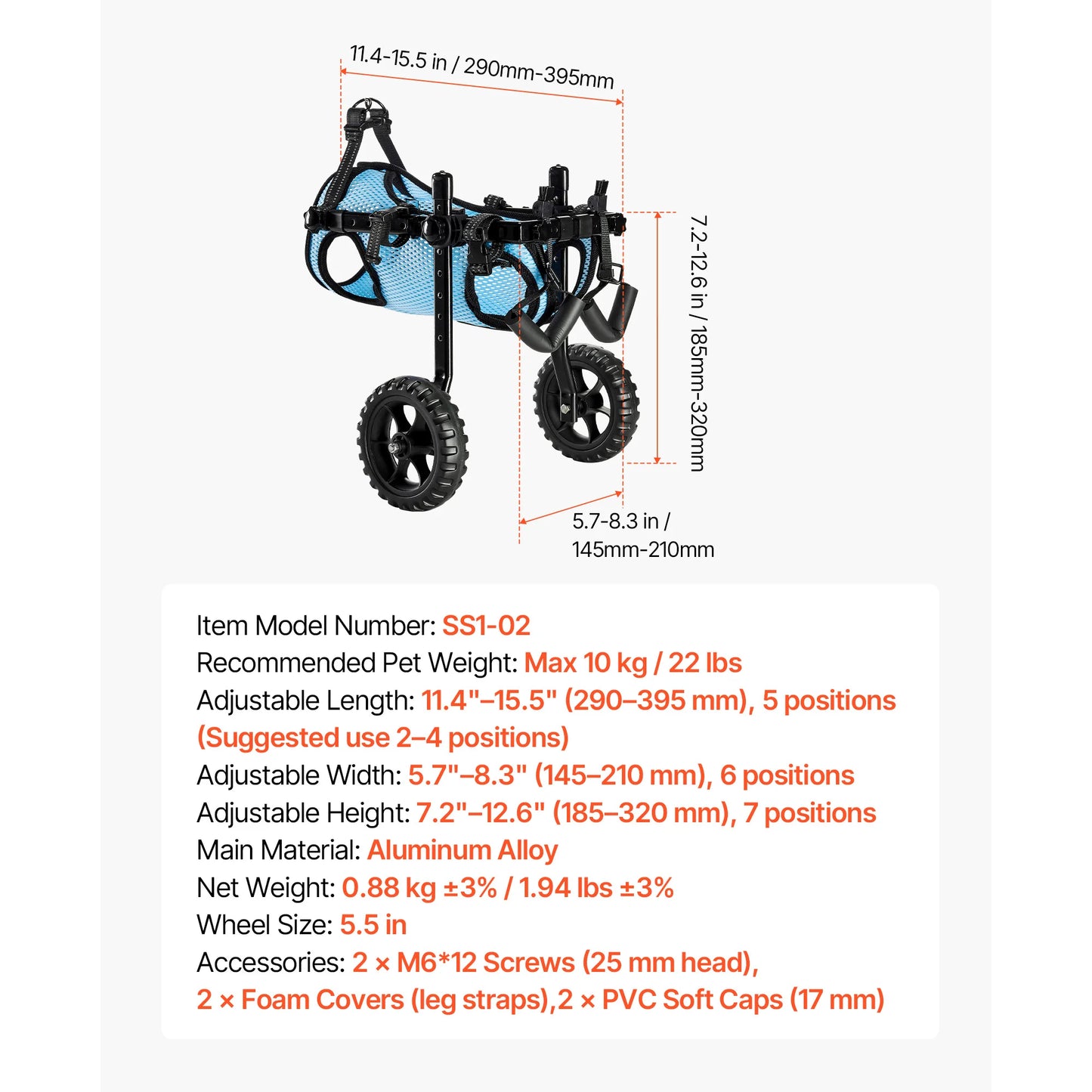 SucceBuy Dog Wheelchair for Back Legs Adjustable 2 Wheels Lightweight Dog Cart with Shock-Absorbing Wheels for Disabled Dogs