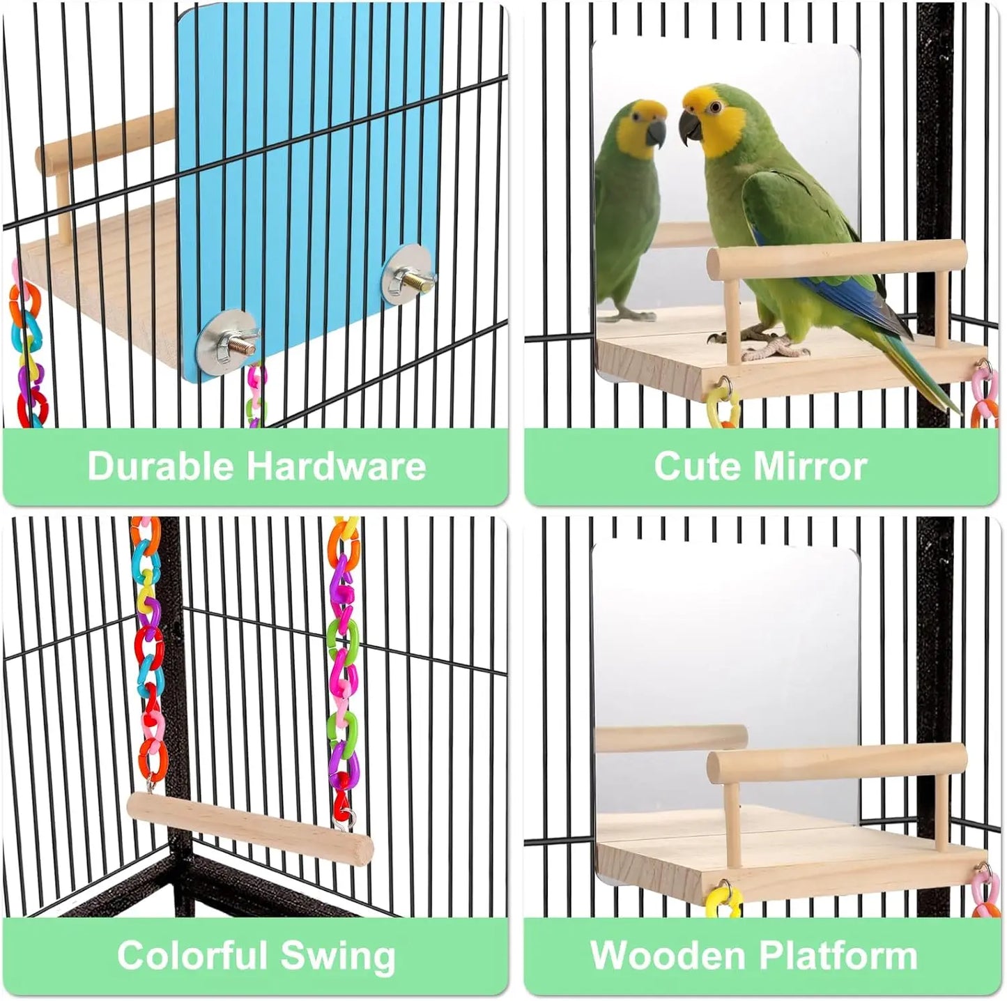 Wooden Bird Play Gym with Mirror Swing Perch for Parakeets Cockatiels Lovebirds Budgies Finch Canaries - Cage Accessories