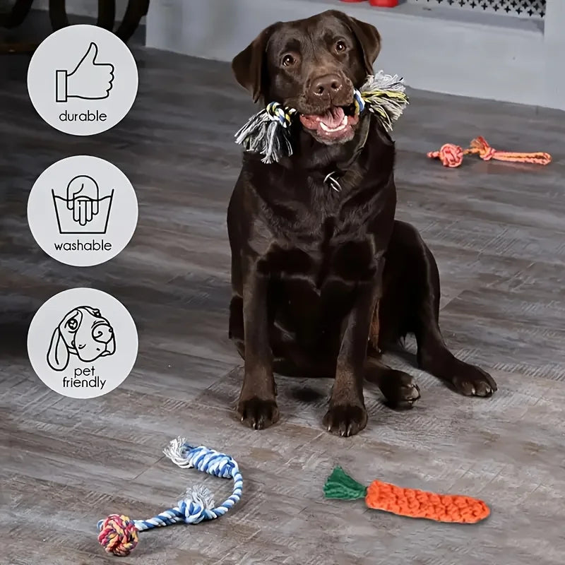 Pawsome Pals 6/12pcs Interactive Dog Toy Set - Durable Cartoon Pattern Fabric Chew Toys for All Breed Sizes - Teeth Cleaning & Training Play Set with Knot Toys, Squeakers & Balls, Without Battery