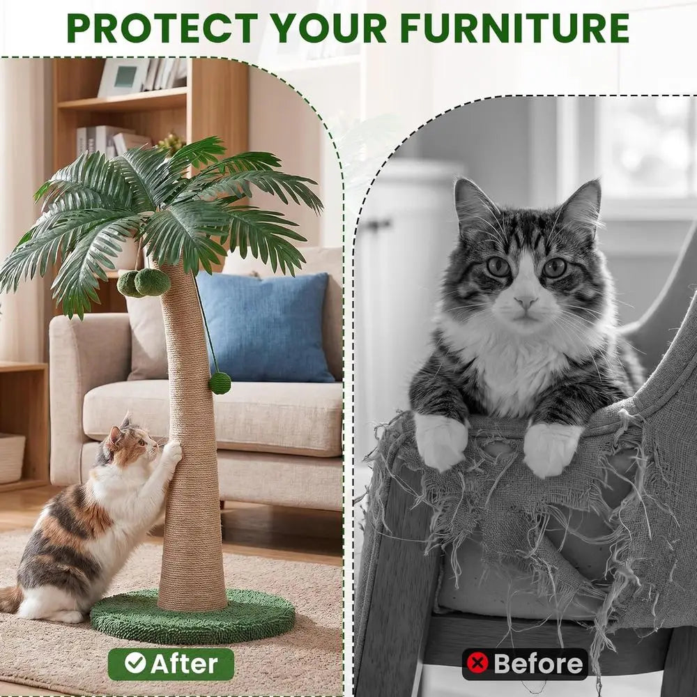 43 Inch Tall Cat Scratching Post, Indoor Large Cats, Natural Sisal Scratch Post with Hanging Toys, Stable Base Cat Scratcher for