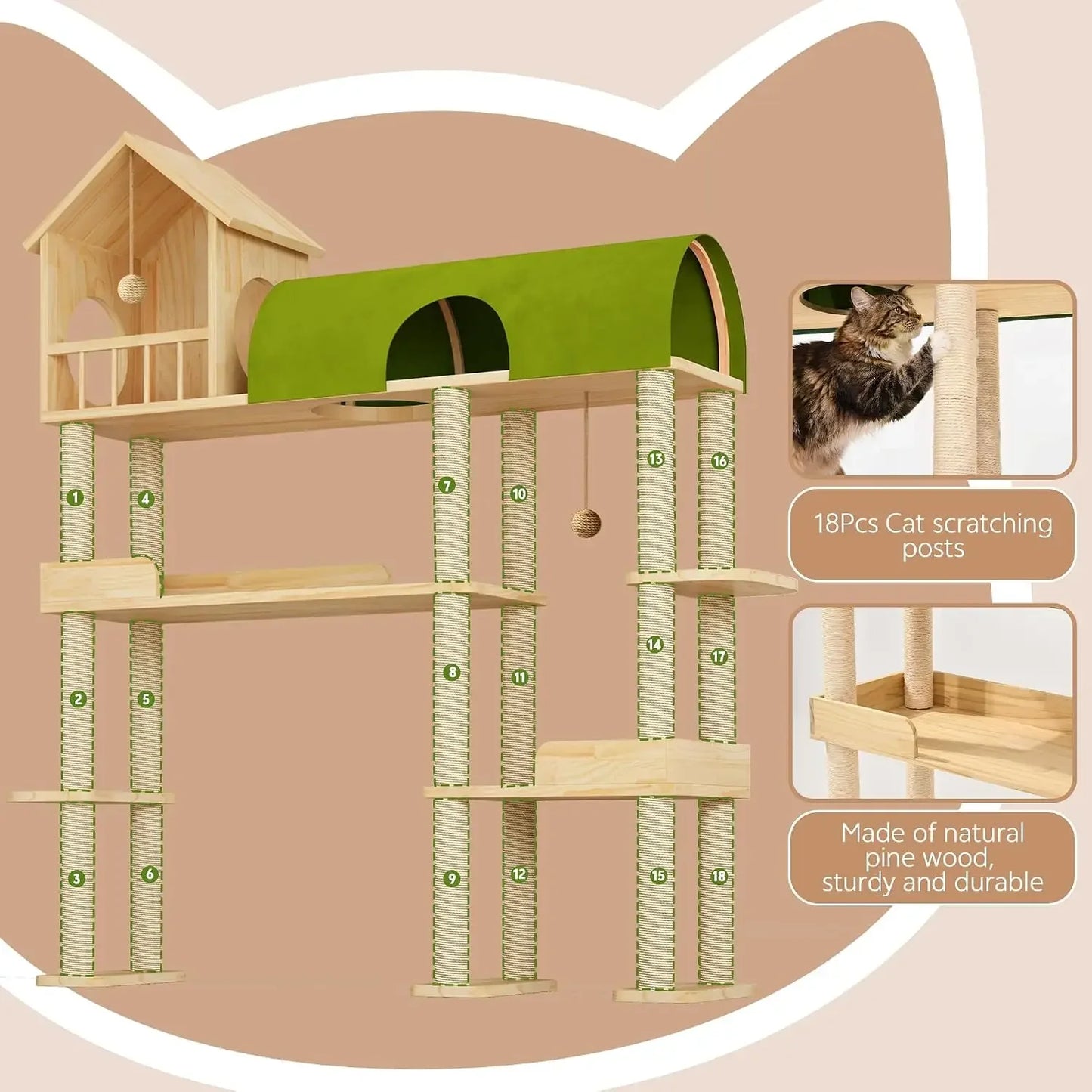 60in Solid Wood Cat Tower for Heavy Cats, Space-Saving with Litter Box Area, Multi-Level for Indoor Multi-Pet Homes
