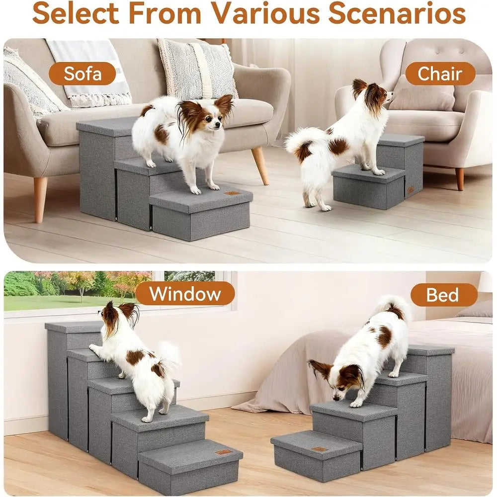 Wider Dog Bed with Storage 18 H, Foldable Dog Stairs, Small Medium Large Older Senior Animal, Sturdy Dog Step, Arthritis-Friendl