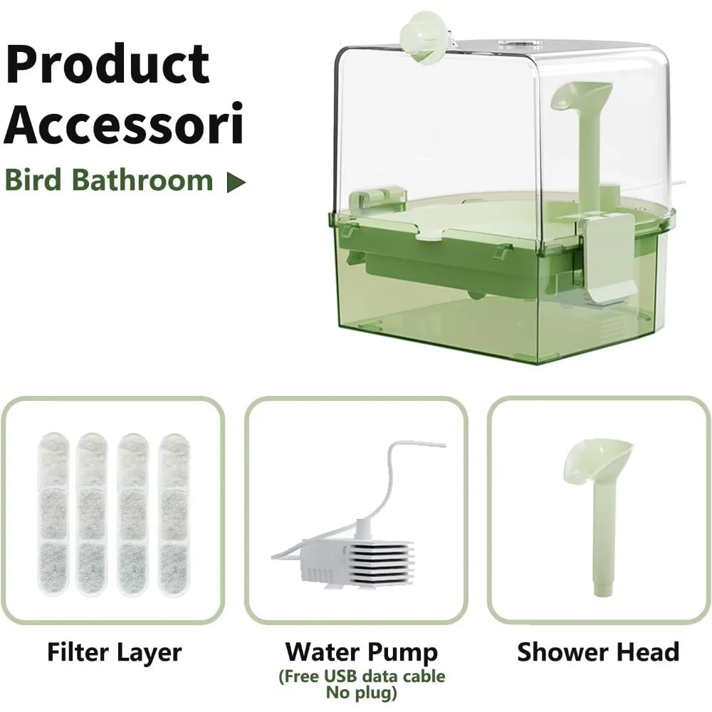 Indoor Automatic Bird Bath with Pump and Dual Mode Running Water for Parakeets Budgies Cockatiels