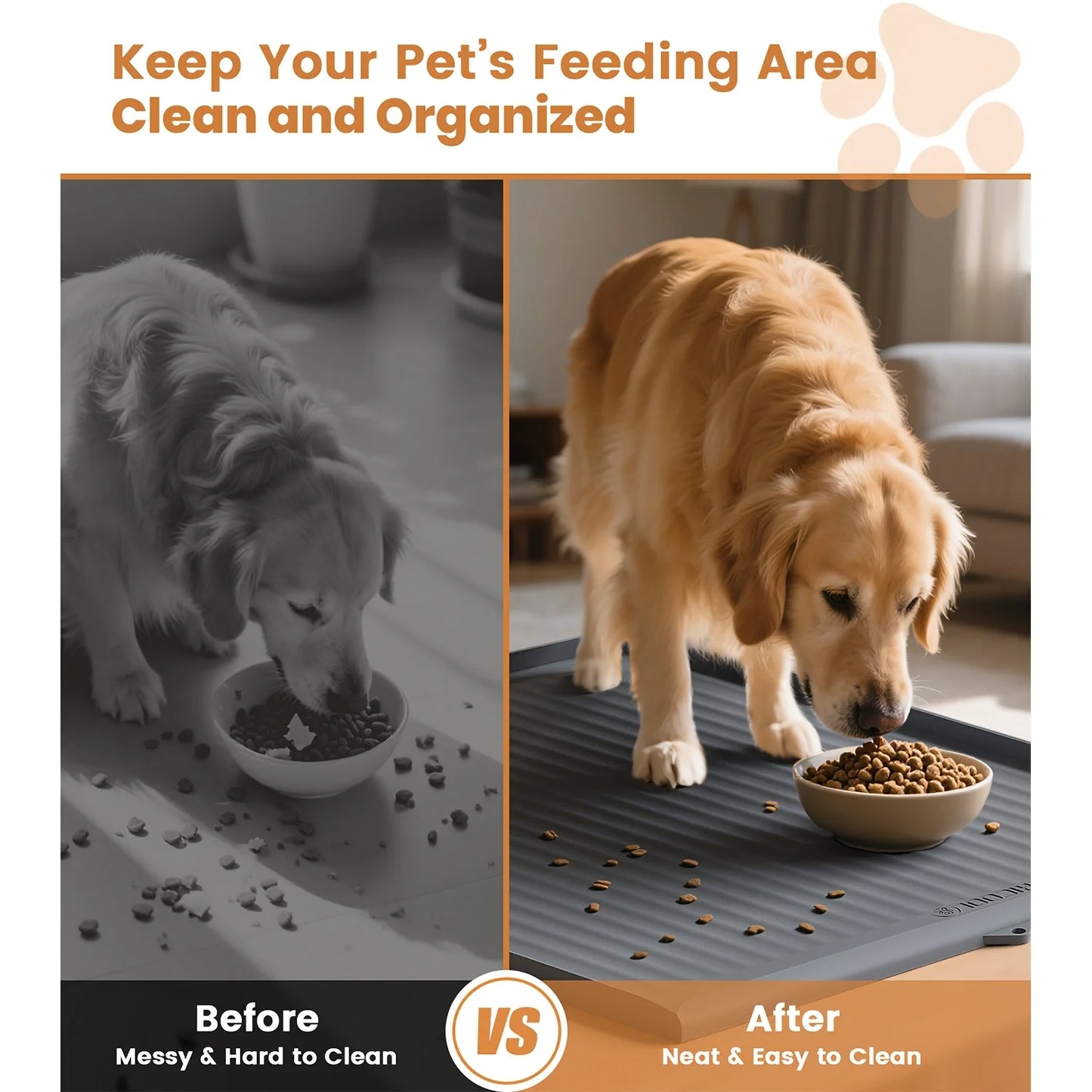 Dog for food Mat 36"x24", Waterproof Pet Feeding Mat With Diversion Grooves And Raised Edges, Large Non-Slip Dog Bowl Mat For Food And Water, Cat for food Mat For Floors, Easy To Clean, Grey