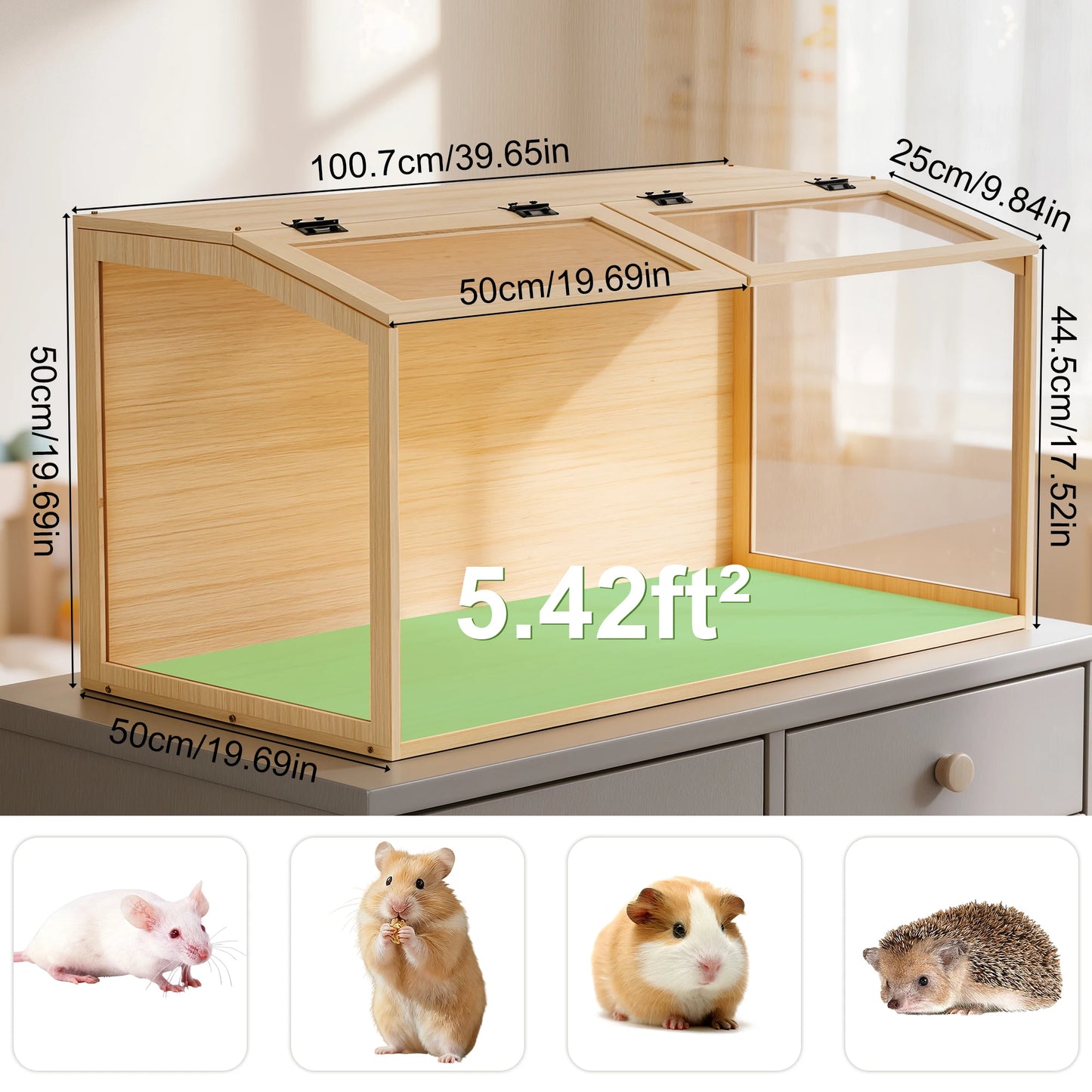 Large Natural Wooden Hamster Cage with Glass Panels, LED Light, Chew-Proof Indoor Habitat for Small Pets