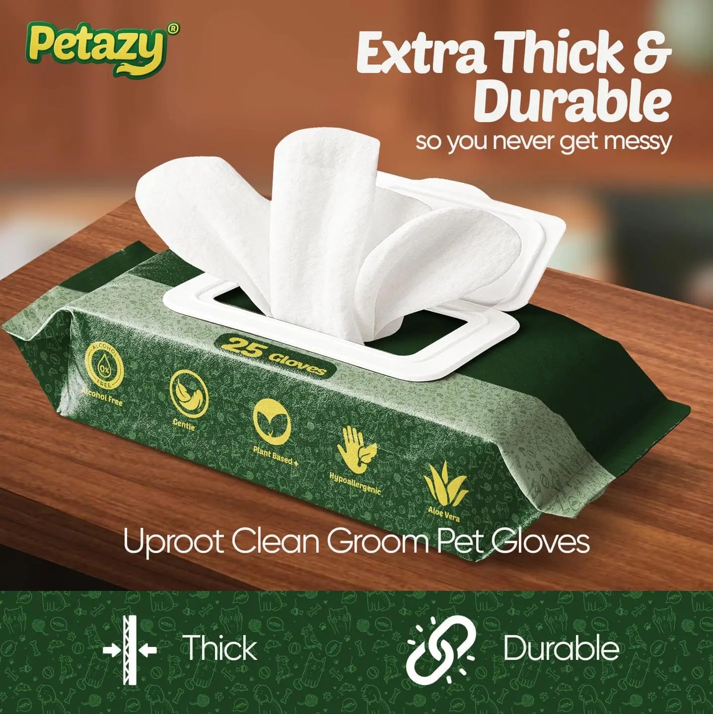 Hypoallergenic Pet Glove Wipes with Aloe & Coconut Oil – 25 Pack for Paws, Face, Ears & Butt, No Rinse Grooming