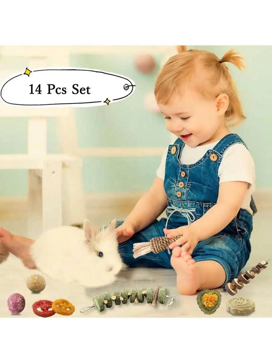 14Pcs Natural Chew Toys For Rabbits Guinea Pigs Hamsters Chinchillas Wood Timothy Grass Sticks