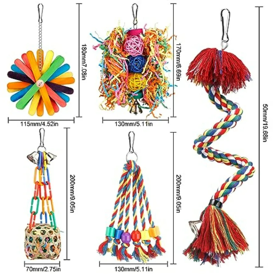 Bird Toys Rope Perch with Bell Colorful Bird Chewing Shredding Foraging Toys Parrot Swing Climbing Standing Hanging Toys Cage A
