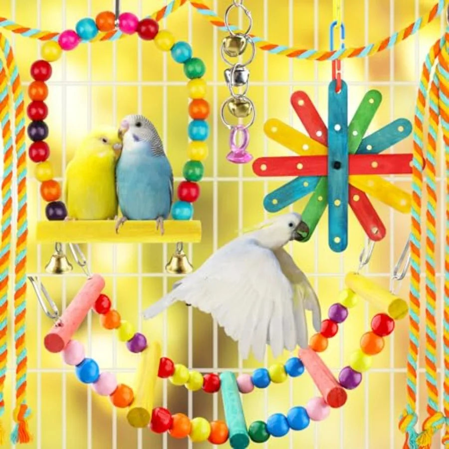 Parakeet Bird Toys 8-Piece Set With Colorful Ladder Hammock Bells