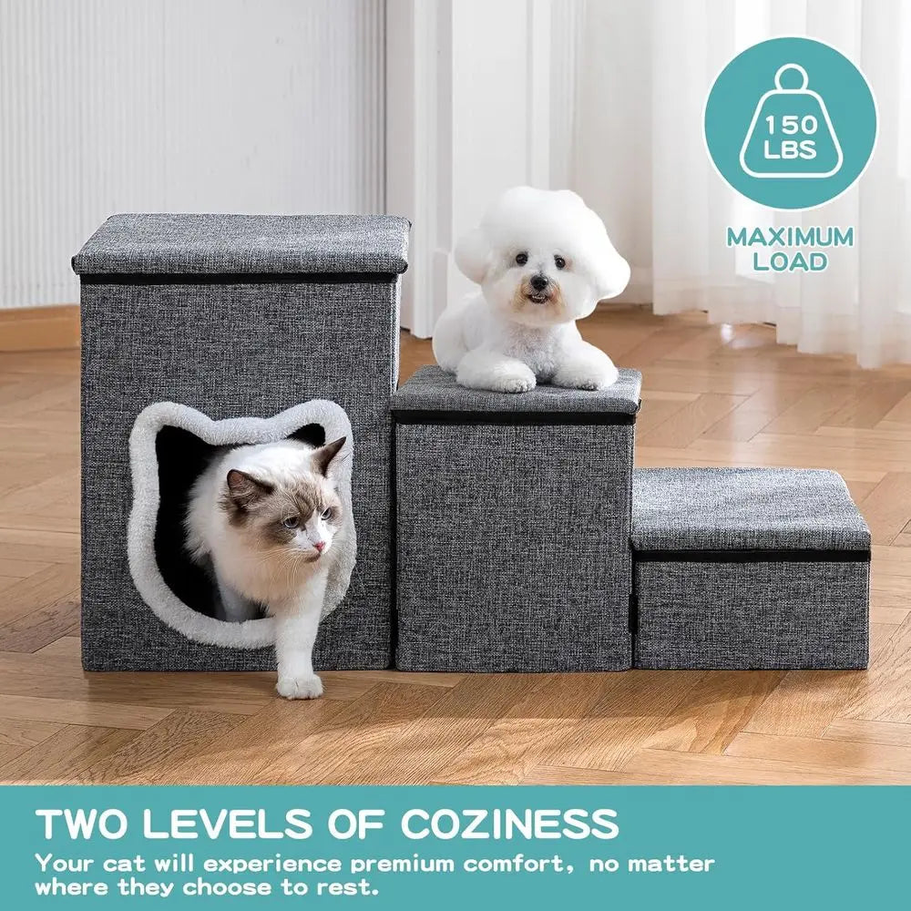 Dog Stairs or Small Dogs, 3-Step Non-Slip Pet Stairs, Small Dog Steps with Storage, Indoor Cat Steps, Older Cats, Arthritis-Frie