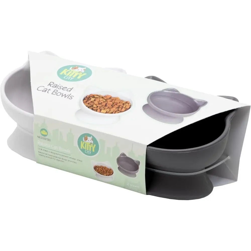Elevated Cat Bowls (Set of 2), Raised Cat Food & Water Dishes, Pedestal Design, Dishwasher Safe, 6.5 oz Each – White & Gray