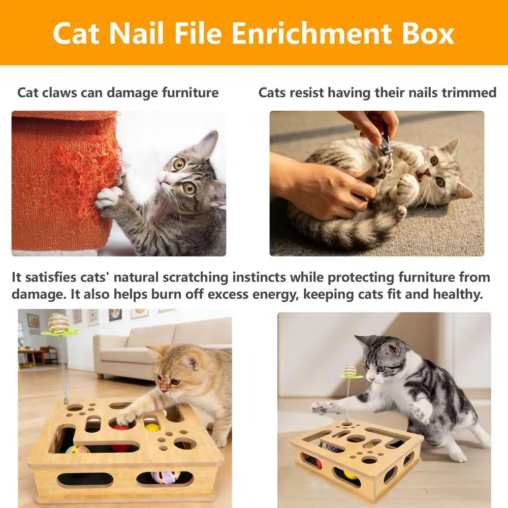 Cat Scratch Puzzle Enrichment Box, Nail Trimming Box, No Assembly Required, Built-in Sandpaper Trims Pet's Claws as They Play, B