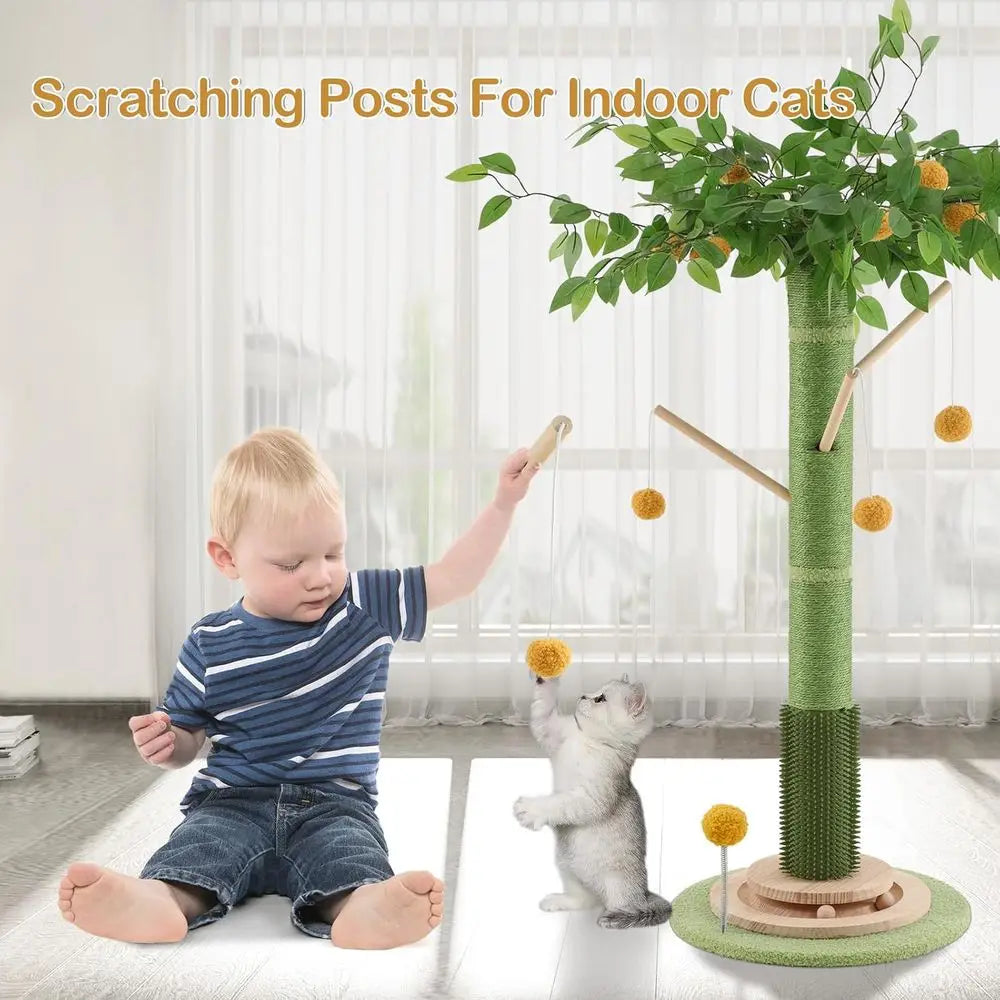 46 Tall Natural Sisal Cat Tree for Adult Cats | Indoor Scratch Post or Body Stretching, Self-groomer Brush, Stable 3-layer Solid