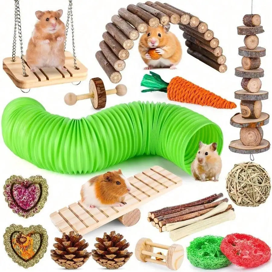 Small Pet Chewing Toys Set Wood Hay Swing Seesaw Bridge For Guinea Pig Rat Chinchilla Gerbil Rabbit