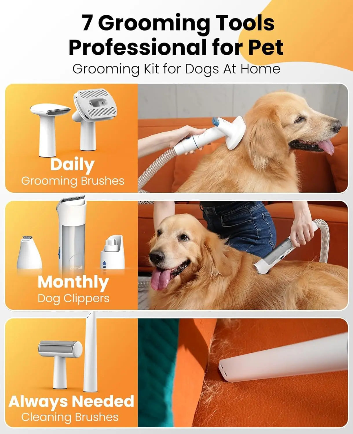 7-in-1 Dog Grooming Vacuum Kit, 13000Pa Powerful Suction, 3L Dust Cup, Quiet & Cordless Pet Hair Clippers
