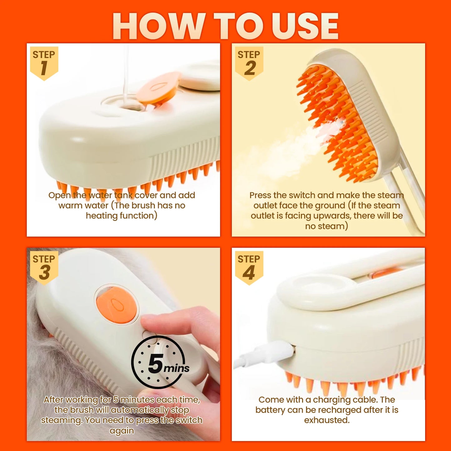 3 In One Cat Steam Grooming Brush For Shedding Reduction