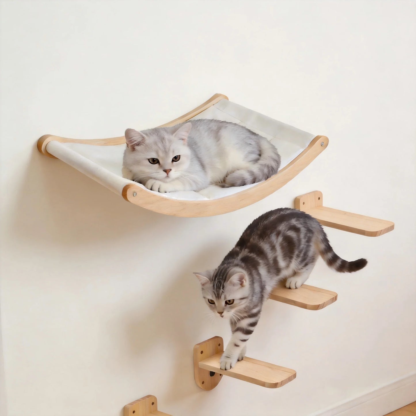 Wall Mounted Cat Hammock Set Multi Functional Climbing Shelves Perches Sisal Scratching Wooden Steps Ladder Large Cat Furniture Kit for Indoor Cats Sleeping Playing