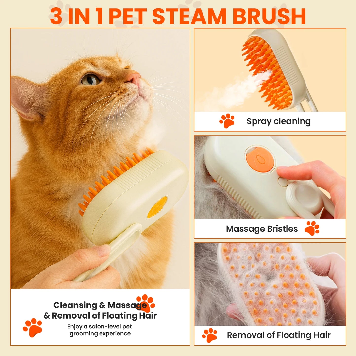 3 In One Cat Steam Grooming Brush For Shedding Reduction
