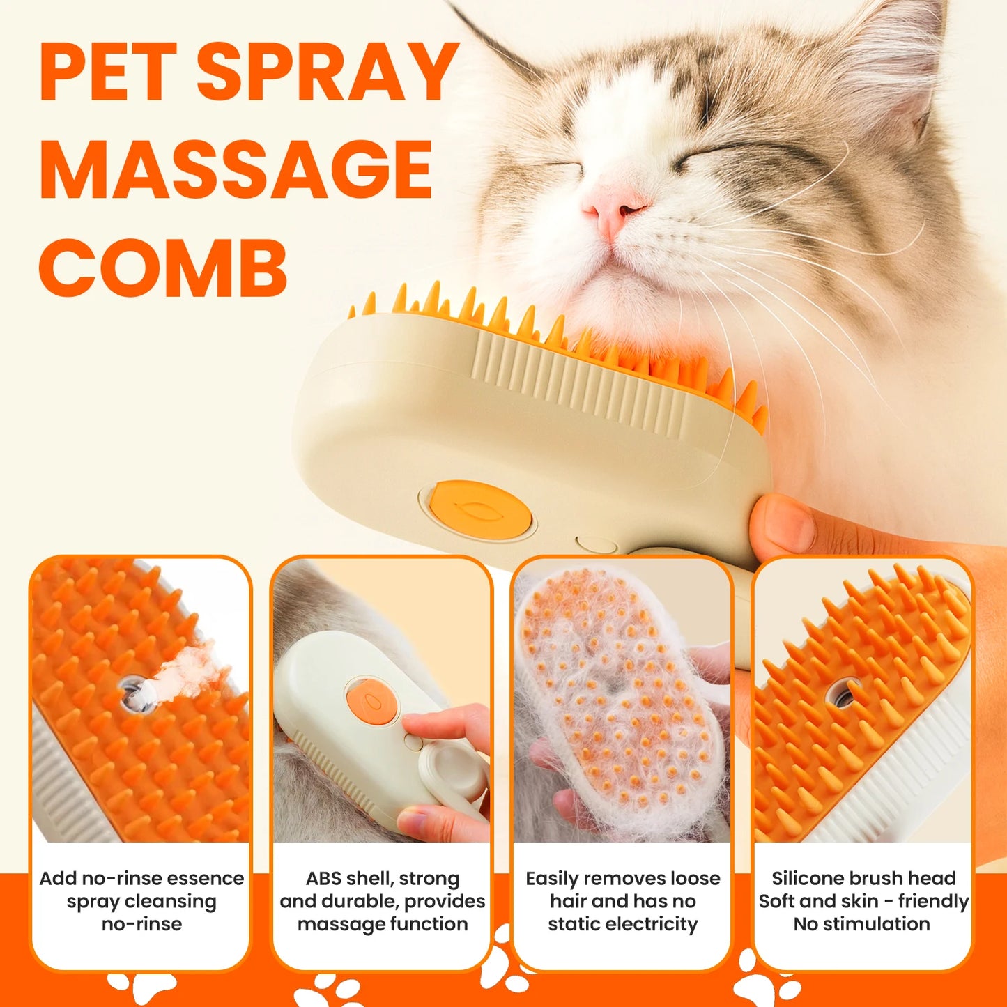 3 In One Cat Steam Grooming Brush For Shedding Reduction
