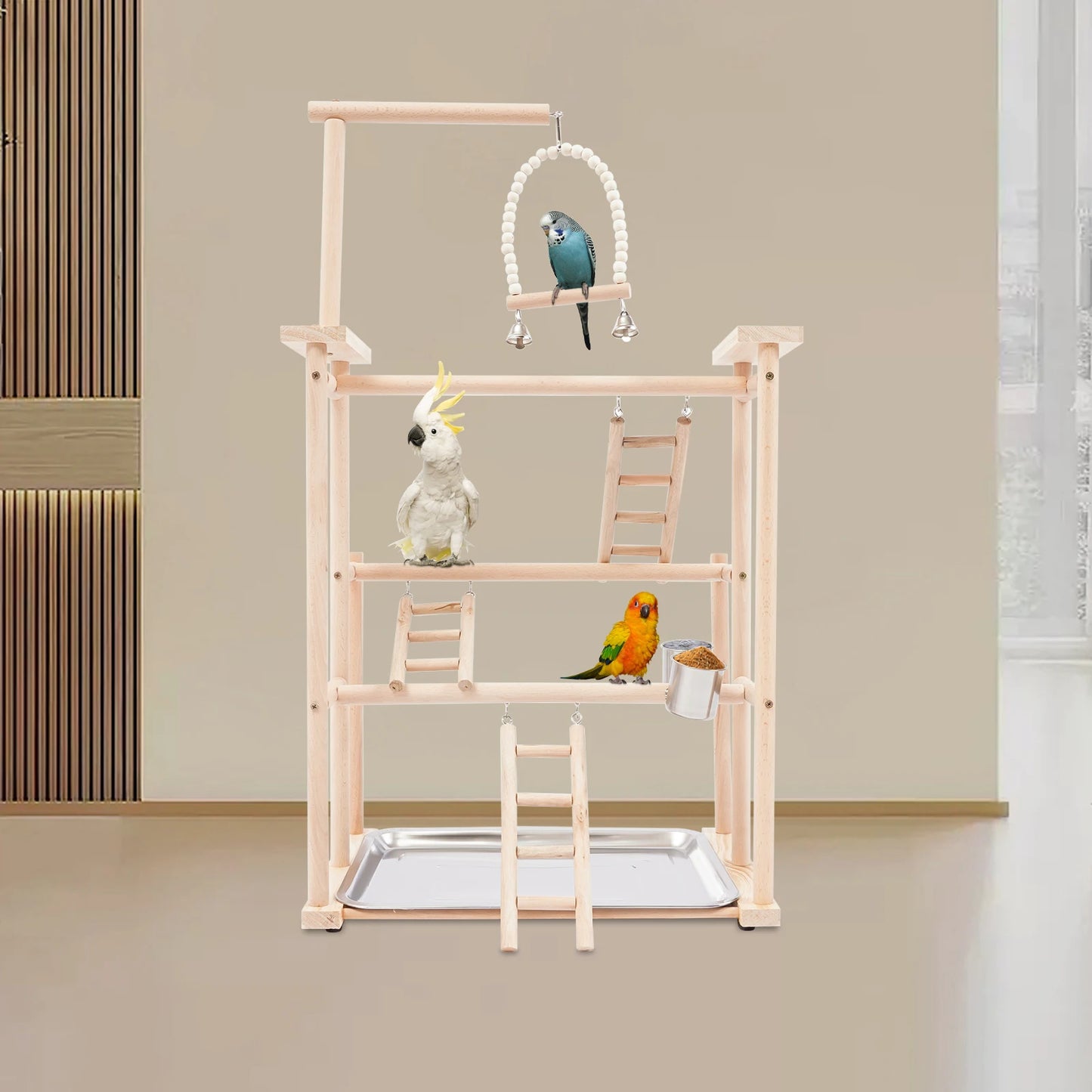 Multi-Function 3-Tier Parrot Stand Beech Wood Space-Saving Feeding Bowl&Water Cup For Pet Lovers Office Living Room