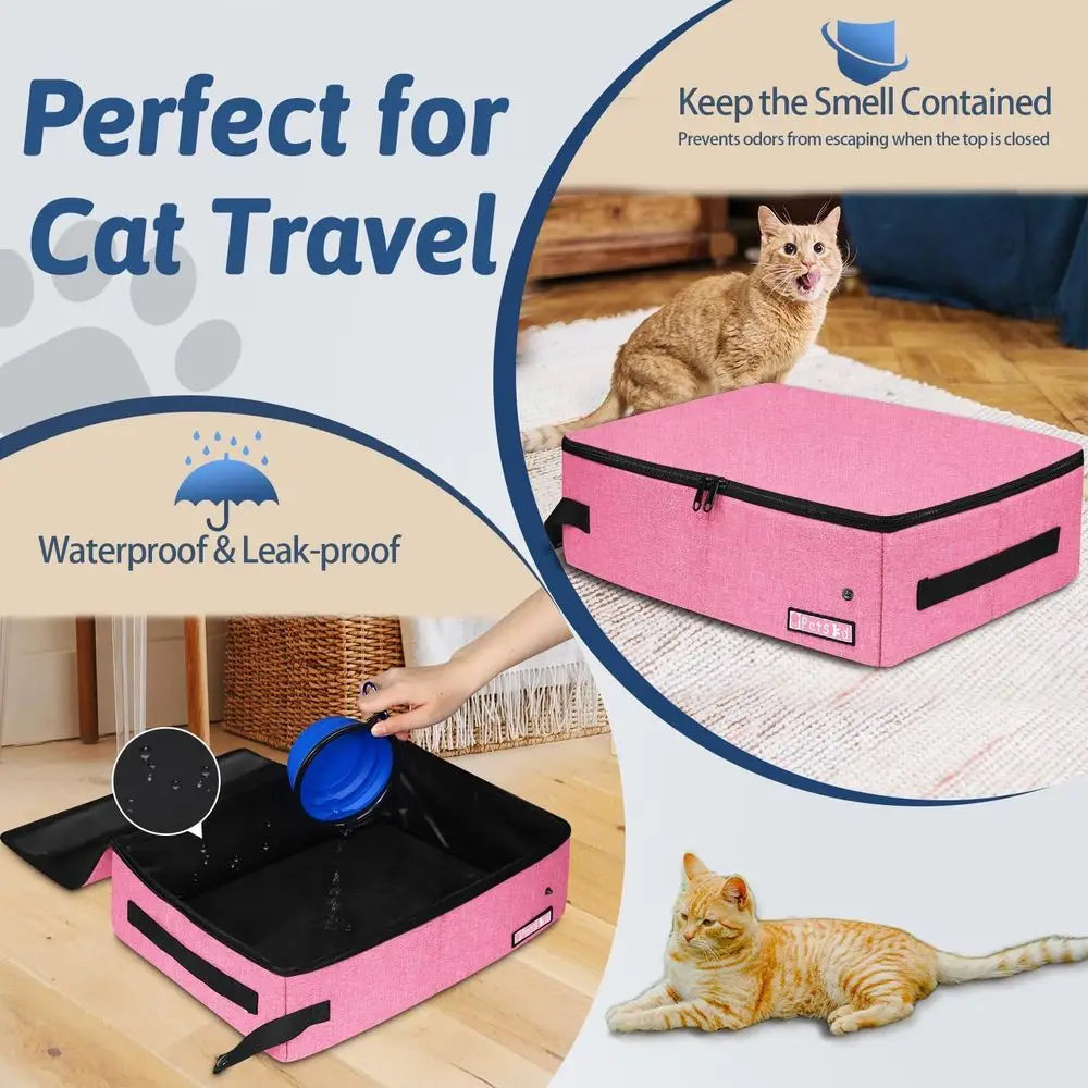 Portable Cat Travel Litter Box with Lid and 10 Disposable Liner Bags, Leak-Proof and Collapsible, Ideal for Car, Hotel, Airplane