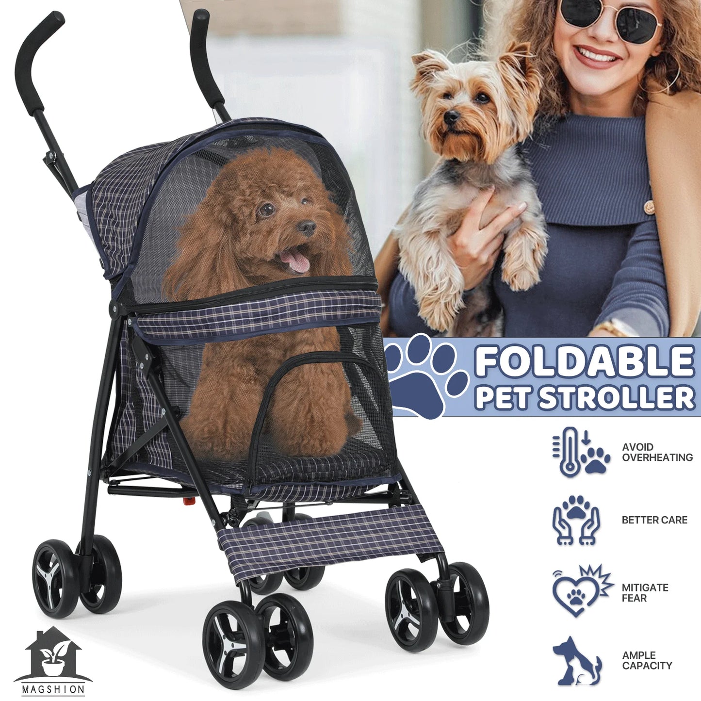 Magshion 4 Wheels Pet Dog Cat Stroller for Small Medium Dogs Cats, Foldable Jogger Stroller w/Storage Basket and Cup Holder