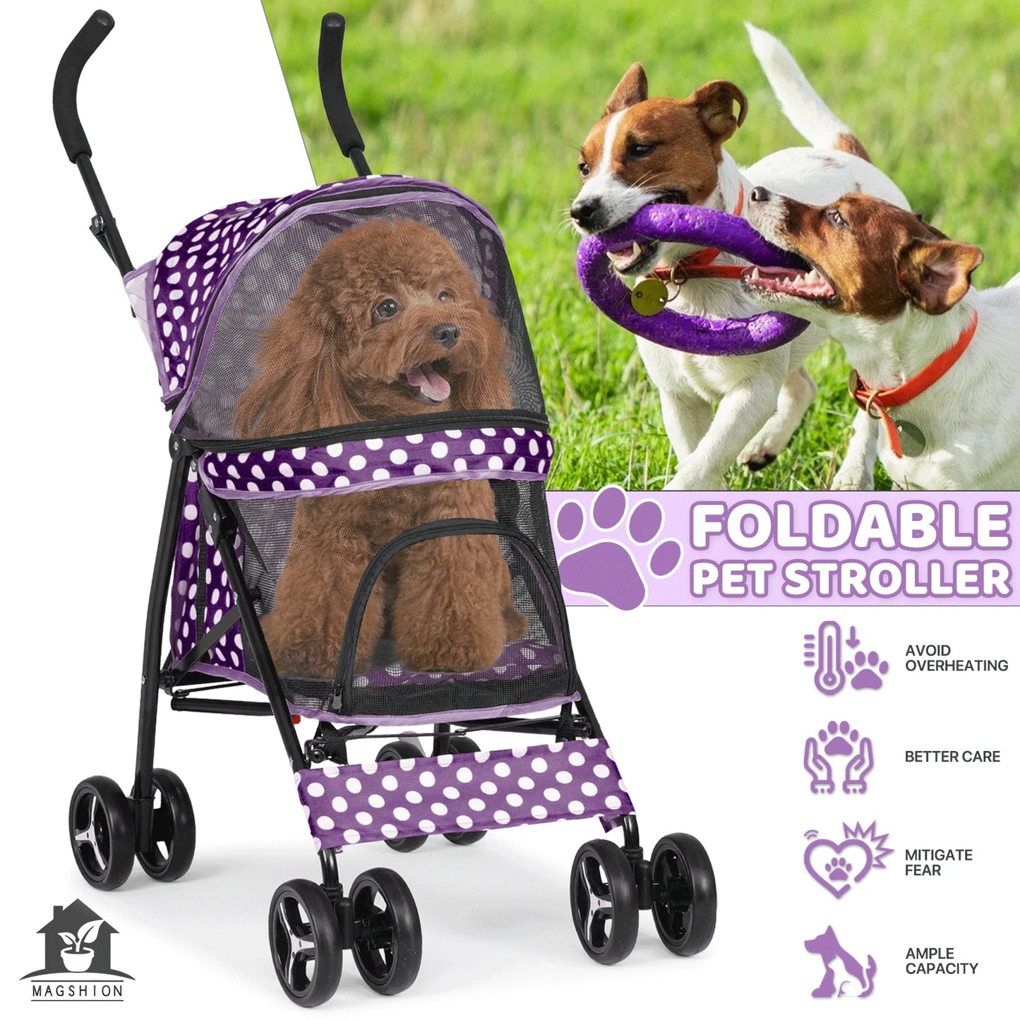 Magshion 4 Wheels Pet Dog Cat Stroller for Small Medium Dogs Cats, Foldable Jogger Stroller w/Storage Basket and Cup Holder