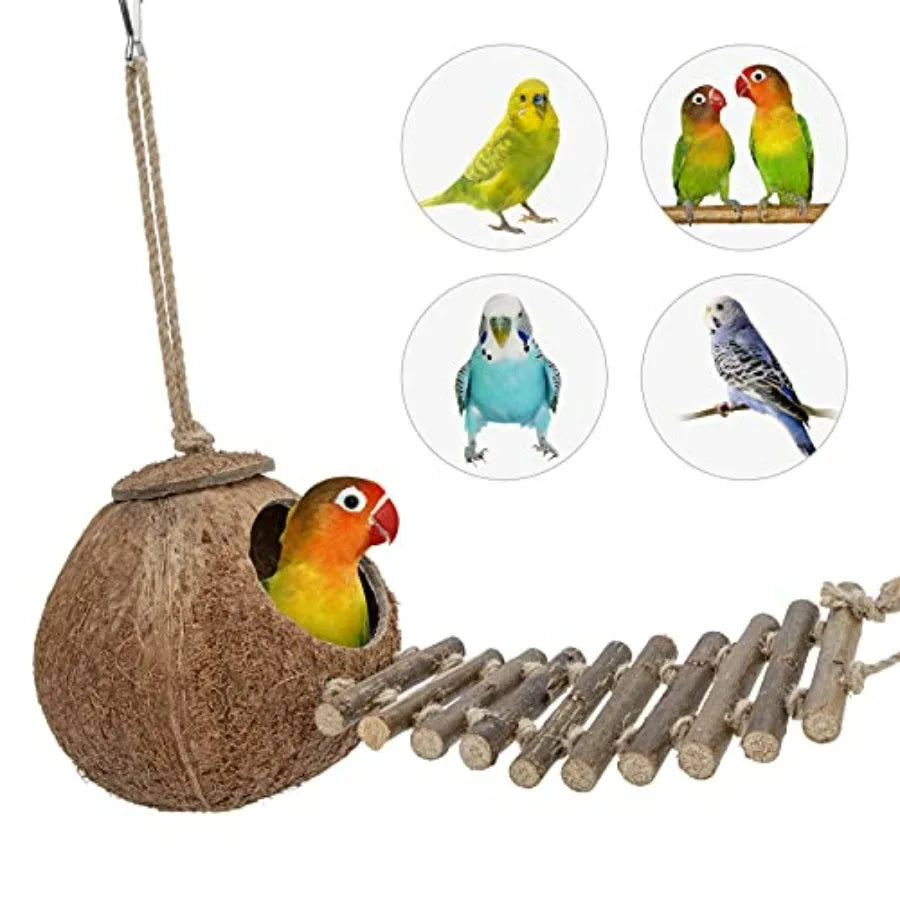 Natural Coconut Hideaway with Ladder, Bird and Small Animal Toy House with Ladder