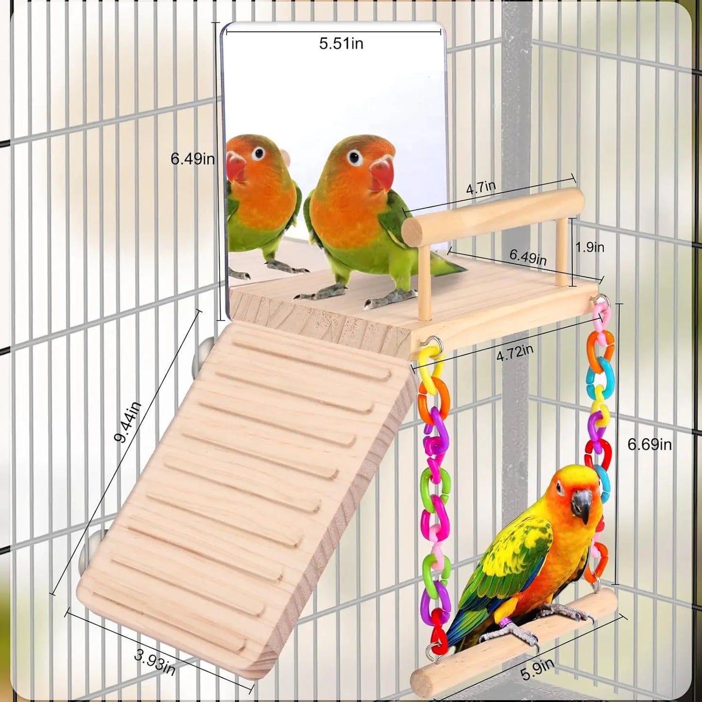 Wooden Bird Play Gym with Mirror Swing Perch for Parakeets Cockatiels Lovebirds Budgies Finch Canaries - Cage Accessories